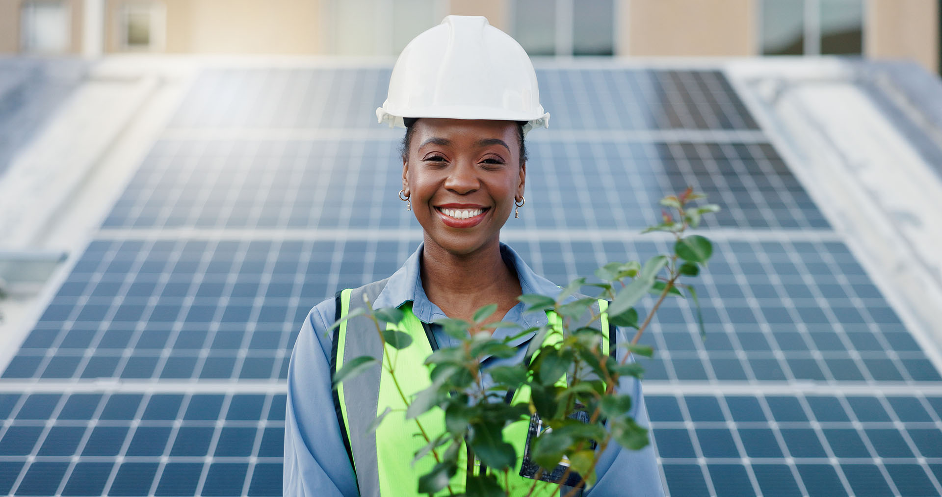 Ingenieurin mit Pflanzen in einem Solarpark